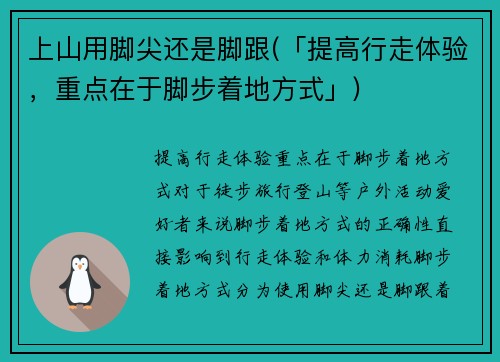 上山用脚尖还是脚跟(「提高行走体验，重点在于脚步着地方式」)
